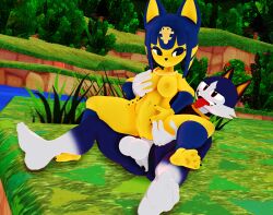 1boy 1girls 3d 3d_(artwork) 3d_model animal_crossing ankha ankha_(animal_crossing) ankha_(hazeker) anthro balls blue_body blue_hair bottomless breasts cat clothed clothing digital_media_(artwork) domestic_cat doubutsu_no_mori duo felid feline felis female female_penetrated genitals hair hazeker male male/female male_penetrating male_penetrating_female malicekira mammal nairu_(doubutsu_no_mori) nintendo nipples penetration penile penile_penetration penis penis_in_pussy reverse_cowgirl_position rover_(animal_crossing) sex tongue tongue_out vaginal_penetration yellow_body