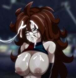 android_21 android_21_(human) big_breasts clothing cum cum_on_breasts cum_on_face darwaarts dragon_ball dragon_ball_fighterz glasses large_breasts sweat vomi_(dragon_ball)