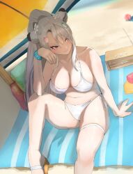 1girls animal_ears beach beach_towel belly_button big_breasts bikini black_eyes blush breasts flowers_in_hair hair_ornament indie_virtual_youtuber jindogod light-skinned_female light_skin nuya outside ponytail sand swimsuit umbrella virtual_youtuber white_hair