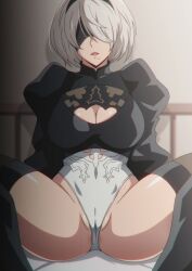 android black_high_heel_boots black_legwear black_stockings blindfold cleavage female female_only footwear hair_ornament hair_over_one_eye hara_(harayutaka) large_breasts mole_under_mouth nier nier:_automata no_bra short_hair solo_female solo_focus spread_legs thick_thighs thighhighs thighs white_hair wide_hips yorha_2b