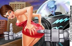 anal anal_fingering blue_skin brown_hair city dreamworks dress eyes finger_in_ass horny_face megamind megamind_(character) paramount_pictures pleasure_face red_dress robot roxanne_ritchi what