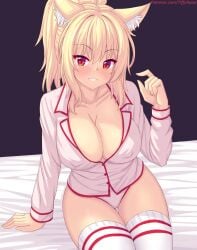 1girls 2023 animal_ears blonde_hair blush breasts cleavage erect_nipples erect_nipples_under_clothes grin large_breasts looking_at_viewer no_pants on_bed original pajama_shirt pajamas panties patreon_username ponytail red_eyes sitting tagme thighhighs thighs tiffy tiffynyaa white_panties