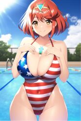 1girls ai_generated american_flag core_crystal hair_ornament happy nai_diffusion one-piece_swimsuit pool poolside pyra red_hair robofun smile stable_diffusion tiara xenoblade_(series) xenoblade_chronicles_2