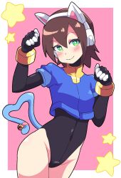 1girls aile blush bodysuit brown_hair buzzlyears cat_ears cat_tail leotard mega_man mega_man_zx navel skin_tight