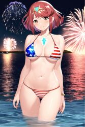 1girls ai_generated american_flag american_flag_bikini core_crystal fireworks happy nai_diffusion night ocean partially_submerged pyra red_hair robofun smile stable_diffusion water xenoblade_(series) xenoblade_chronicles_2