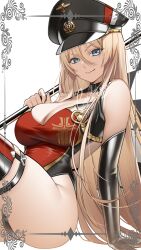 1girls azur_lane bismarck_(azur_lane) blonde_female blonde_hair blue_eyes choker female hat iron_blood_(azur_lane) latex_gloves leather_gloves leotard light-skinned_female light_skin long_gloves looking_at_viewer military_hat race_queen shizuko_hideyoshi smiling smiling_at_viewer tagme