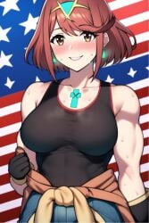 1girls ai_generated american_flag biceps blush clothes_around_waist core_crystal gloves hair_ornament happy muscular_female nai_diffusion pyra red_hair robofun smile stable_diffusion sweat sweatdrop tank_top tiara xenoblade_(series) xenoblade_chronicles_2