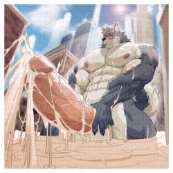 2023 abs absurd_res anthro balls biceps big_balls big_muscles blue_body blue_fur blue_sky blush blush_lines bodily_fluids building canid canine canis city cityscape claws cum cum_flooding cum_on_balls cum_on_ground cum_on_leg cum_on_penis cumshot distracting_watermark eijun_mizutsune ejaculation excessive_cum excessive_genital_fluids eyewear finger_claws fur genital_fluids genitals glasses hi_res huge_abs huge_balls huge_muscles huge_pecs huge_thighs hyper hyper_cum kneeling light male mammal multicolored_body multicolored_fur muscular muscular_anthro muscular_male navel nipples nunudodo penis red_eyes sky solo street sun sunlight thick_thighs triceps two_tone_body two_tone_fur vein veiny_penis watermark white_body white_fur wolf