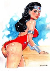 1girls 2023 black_hair blue_eyes dc dc_comics earrings ed_benes_studio female female_only fully_clothed long_hair looking_at_viewer marc_holanda one-piece_swimsuit solo solo_female star_earrings swimsuit tiara voluptuous voluptuous_female wonder_woman wonder_woman_(series)