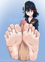 1boy1girl 1girls absurd_res absurdres barefoot black_hair blue_background blushing cum cum_on_feet cum_on_toes cumshot dick ejaculation erect_penis erection feet female female_human female_human_feet foot_fetish foot_focus footjob high_resolution highres human human_only kill_la_kill light-skinned_female light_skin long_toes looking_at_penis looking_down majdutsu matoi_ryuuko meaty_soles penis senketsu short_hair simple_background smile soles solo solo_female solo_focus toes tomboy white_skin wrinkled_feet wrinkled_soles