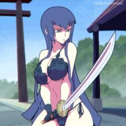 1girls animated bra breasts casual casual_underwear cleavage clothing color colored edit female handwear highschool_of_the_dead human lingerie long_hair outdoors pale_skin panties saeko_busujima shorter_than_10_seconds shorter_than_30_seconds solo sword tagme twistedgrim underwear video weapon