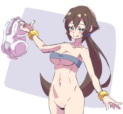 aile blush bottomless breasts brown_hair buzzlyears covered_nipples mega_man mega_man_zx_advent nipples_covered no_pussy nude ponytail shorts_removed underboob