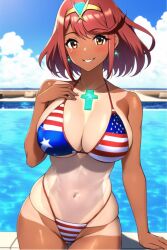 ai_generated american_flag american_flag_bikini core_crystal hair_ornament happy nai_diffusion one-piece_tan pool poolside pyra robofun stable_diffusion tan_body tan_skin tanline tiara water xenoblade_(series) xenoblade_chronicles_2