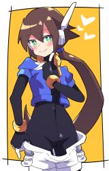 1girls aile blush bodysuit brown_hair buzzlyears mega_man mega_man_zx_advent navel ponytail skin_tight