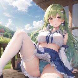 1girls :o adapted_costume ai_generated blue_panties cameltoe crop_top green_hair kochiya_sanae legs_apart medium_breasts miniskirt oblivious panties pantyshot pantyshot_(sitting) sanae_kochiya skindentation stable_diffusion thick_thighs thighhighs touhou underboob upskirt white_thighhighs wide_hips