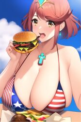 1girls ai_generated american_flag american_flag_bikini big_mac burger cheese cheeseburger core_crystal eating hair_ornament happy mcdonald's messy nai_diffusion overflowing_breasts plump pyra robofun stable_diffusion table tiara xenoblade_(series) xenoblade_chronicles_2