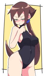 aile blush brown_hair buzzlyears mega_man mega_man_zx_advent one-piece_swimsuit ponytail swimsuit