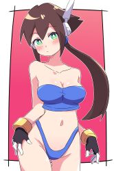 1girls aile blush brown_hair buzzlyears fingerless_gloves highleg_panties mega_man mega_man_zx_advent navel ponytail thong