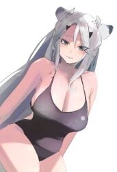 1girls animal_ears black_eyes female female_only indie_virtual_youtuber jindogod light-skinned_female light_skin looking_at_viewer nuya one-piece_swimsuit solo swimsuit virtual_youtuber white_hair