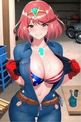 1girls ai_generated american_flag belt blush bodysuit car core_crystal denim garage gloves happy jumpsuit mechanic motor_vehicle nai_diffusion nervous_smile pyra red_hair robofun smile stable_diffusion sweat tools unzipped unzipped_bodysuit unzipping xenoblade_(series) xenoblade_chronicles_2