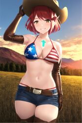 1girls adjusting_hat adjusting_headwear ai_generated american_flag american_flag_bikini belt bikini_under_clothes core_crystal cowboy_boots cowboy_hat cowboy_outfit cowboy_western denim_shorts elbow_gloves field g-string jean_shorts leather mountain mountains nai_diffusion navel outdoors pyra red_hair robofun stable_diffusion sunset thigh_boots thighhighs xenoblade_(series) xenoblade_chronicles_2