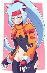 ashe_(megaman_zx) bodysuit buzzlyears covering_crotch mega_man mega_man_zx_advent ponytail torn_bodysuit torn_clothes