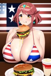 1girls ai_generated american_flag american_flag_bikini big_mac burger cheese cheeseburger eating hair_ornament happy mcdonald's messy nai_diffusion overflowing_breasts plump pyra robofun stable_diffusion table tiara xenoblade_(series) xenoblade_chronicles_2