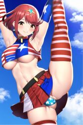 1girls ai_generated american_flag american_flag_legwear cheerleader cheerleader_outfit cheerleader_uniform crop_top hair_ornament leg_grab midriff nai_diffusion navel panties pantyshot pyra red_hair robofun splits stable_diffusion standing_on_one_leg standing_split star_print tiara underboob xenoblade_(series) xenoblade_chronicles_2