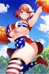 1girls ai_generated american_flag american_flag_legwear arm_up cheering cheerleader cheerleader_outfit cheerleader_uniform crop_top happy nai_diffusion pom_pom_(cheerleading) pom_poms pyra red_hair robofun smile stable_diffusion standing_on_one_leg underboob xenoblade_(series) xenoblade_chronicles_2