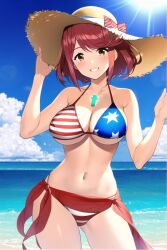 1girls ai_generated american_flag american_flag_bikini beach core_crystal happy nai_diffusion ocean pyra red_hair robofun sarong smile stable_diffusion straw_hat sunhat sunlight water xenoblade_(series) xenoblade_chronicles_2