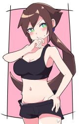 1girls aile belly_button blush bra brown_hair buzzlyears female female_only green_eyes mega_man mega_man_zx_advent midriff navel ponytail short_pants short_shorts shorts sports_bikini sports_bra sportswear