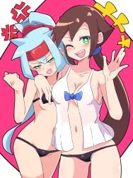 2girls aile ashe_(megaman_zx) bikini blush breasts buzzlyears long_hair mega_man mega_man_zx_advent navel panties swimsuit