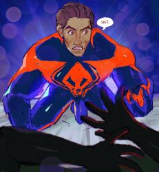 1boy bara big_penis bodysuit bulge bulge_through_clothing dark-skinned_male dark_skin embarrassed flaccid gay human human_only male male_only marvel miguel_o'hara pov skin_tight spider-man spider-man:_across_the_spider-verse spider-man_(series) spider-man_2099 xxxeaven yaoi