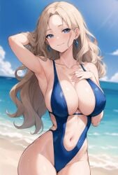 1girls ai_generated beach blonde_hair blue_eyes breasts cleavage female hi_res huge_breasts light-skinned_female light_skin long_hair original original_character outdoors pointy_chin stable_diffusion stuffyai swimsuit