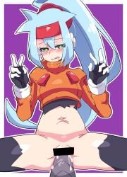 ashe_(megaman_zx) blush bodysuit bottomless buzzlyears mega_man mega_man_zx_advent sex tentacle tentacle_rape tentacle_sex torn_bodysuit v_sign vaginal_penetration