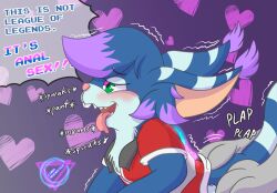 <3_eyes ambiguous_gender anal anthro art_meme blue_body blush bottomless chua clothed clothing doggy_style duo from_behind_position gameplay_mechanics gay gui health_bar heart heart_background hi_res implied_rape jacket_only league_of_legends luna_muenster_(fursona) lunamuenster lust lustful_gaze mammal nonbinary_(lore) onomatopoeia riot_games rodent sex solo_male sound_effects speech_bubble teeth_showing text text_box tongue tongue_out wildstar