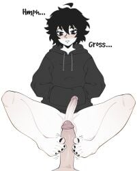 2boys black_eyes black_hair black_hoodie black_nails bro_aniki cute_male doomer_boy feet femboy foot_fetish footjob hands_in_pockets hoodie motion_lines open_mouth penis_size_difference tagme text yaoi