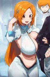 1boy 1girls alternate_version_available bleach bleach:_the_thousand-year_blood_war breasts cleavage female fully_clothed huge_breasts ichigo_kurosaki inoue_orihime light-skinned_female light_skin long_hair magister_(bigbakunyuu) male orange_hair short_hair thick_thighs wide_hips