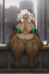 anthro areola bear belly big_belly big_breasts bikini biped boss breasts catherine_(mexifurfoof) clothed clothing cream_hair curvy_figure desk detailed_background digital_drawing_(artwork) digital_media_(artwork) eyewear female fur furniture genitals glasses hair hi_res huge_breasts looking_at_viewer mammal mature_female mexifurfoof nude office overweight pussy simple_background smile solo swimwear table thick_thighs thong underwear voluptuous wide_hips