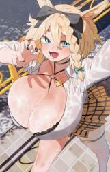 1girls animal_ears black_bra black_nails blonde_hair blue_eyes blush bra breasts cleavage enormous_breasts female female_only light-skinned_female light_skin open_mouth outside ryusei_hashida selfie shirt skirt solo street sweat wet_shirt