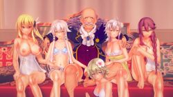 1boy 3d 5girls alisa_reinford belly bikini blonde_hair breasts eiyuu_densetsu emma_millstein fie_claussell green_hair harem holding_penis koikatsu looking_at_viewer navel old_man penis player1 pussy silver_hair