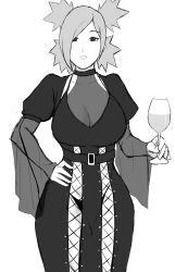 1girls alternate_costume arm_at_side big_breasts boruto:_naruto_next_generations clothed clothing female female_only looking_at_viewer mature_female monochrome naruto naruto:_the_last naruto_(series) panties_visible_through_clothing solo standing temari thong torikku95 wine_glass