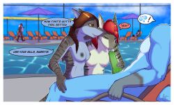 anthro avilon breasts canid canine canis female fish green_genitals group hair hi_res invalid_tag knot male male/female mammal marine markings nipples pool reclining resort shark striped_markings stripes wolf