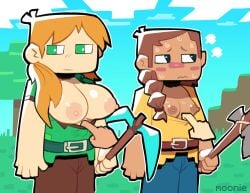 2girls alex_(minecraft) areola areolae ari_(minecraft) axe belt big_breasts black_eyes blue_sky blush blushing breast_size_difference breasts brown_eyebrows brown_hair cloud dark-skinned_female dark_skin diamond_pickaxe female female_only green_hair light-skinned_female light_skin lilmoonie minecraft multiple_girls nipples no_bra orange_hair pickaxe shy sky small_breasts square_head sweating tagme tree