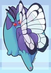 anthro ass backsack balls big_ears butterfree compound_eyes femboy fluffy_eyebrows fur fusion generation_1_pokemon generation_4_pokemon genitals hi_res insect_wings leg_tuft lepidopteran_wings looking_at_viewer looking_back male multicolored_body multicolored_fur nintendo pincers pokefusion pokemon pokemon_(species) pokemon_fusion red_eyes scut_tail short_tail solo tail tiredfizz translucent translucent_wings tuft two_tone_body two_tone_fur wings