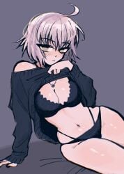 2023 ahoge black_bra black_panties blush bra breasts cleavage fate_(series) female jeanne_alter lingerie looking_at_viewer megrocks navel necklace no_pants panties short_hair sitting sweater sweater_lift tagme thighs white_hair yellow_eyes