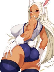 ass boku_no_hero_academia bunny_ears bunny_girl bunny_tail clothed dark-skinned_female dark_skin fully_clothed gloves long_hair miruko morris muscular muscular_female my_hero_academia rabbit_ears red_eyes rumi_usagiyama smile tail thighhighs usagiyama_rumi white_hair