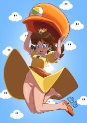 1girls barefoot blush clouds crown dress dude-doodle-do embarrassed floating high_heels innie_pussy mario_(series) no_panties no_underwear parachute_cap pinup princess_daisy pussy solo super_mario_bros._wonder sweat sweatdrop toes