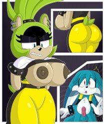 1boy 1girls anthro areolae ass ass_cleavage baggy_pants belt belt_buckle big_ass big_breasts big_butt blakeynsfw blue_body blue_eyes blue_fur breasts bubble_ass bubble_butt canid canine fat_ass fat_butt female fennec flashing flashing_breasts fox genitals gloves green_body green_spines hairband huge_ass huge_butt idw_comics idw_publishing kitsunami_the_fennec male metal_cuffs mobian mobian_(species) navel nipples penis ponytail rings sega sharp_teeth sonic_(series) sonic_the_hedgehog_(idw) sonic_the_hedgehog_(series) surge_the_tenrec surprised teal_body tenrec wide_hips