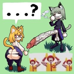 animal_humanoid ass big_butt big_penis blonde_hair bodily_fluids boots cat_humanoid cigar_smoke cigarette closed_eyes clothed clothing crossdressing cum cum_drip cum_on_penis dripping duo fangs felid felid_humanoid feline feline_humanoid female footwear genital_fluids genitals hair huge_cock humanoid hyper hyper_genitalia hyper_penis inner_ear_fluff leggings legwear male male/female mammal mammal_humanoid mcdonald's meme neco-arc neco-arc_chaos neco_spirit penis red_eyes ronald_mcdonald sharp_teeth smoking teeth torn_clothing torn_leggings torn_legwear tsukihime tuft type-moon vein veiny_penis wiirart